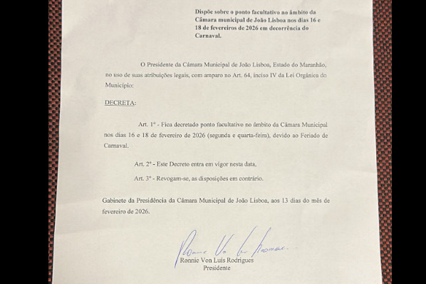Câmara de João Lisboa decreta ponto facultativo nos dias 16 e 18 durante o Carnaval